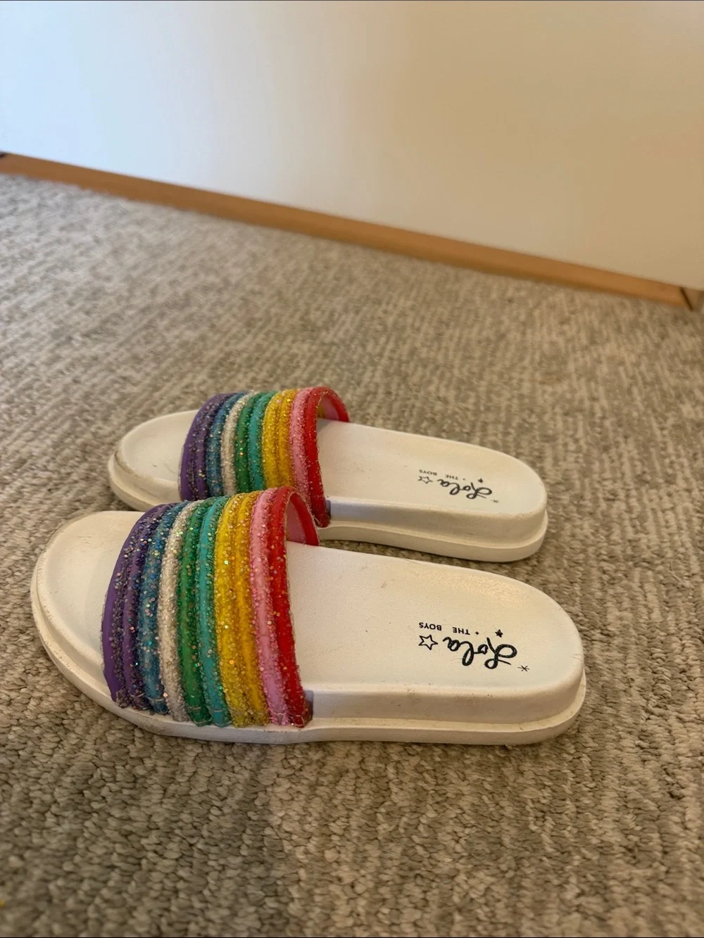 Lola + The Boys White Slides with Rainbow Glitter Straps